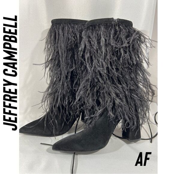 JEFFREY CAMPBELL SHAKE YA OSTRICH FEATHER BOOTS NEW BLACK - Picture 3 of 11